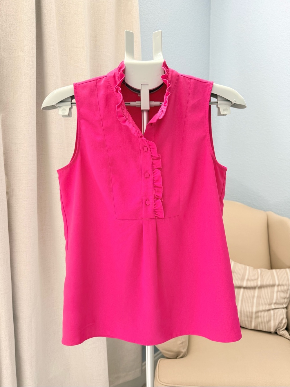 J Crew Pink Ruffle Placket Tank Blouse Preppy Size 00 XS